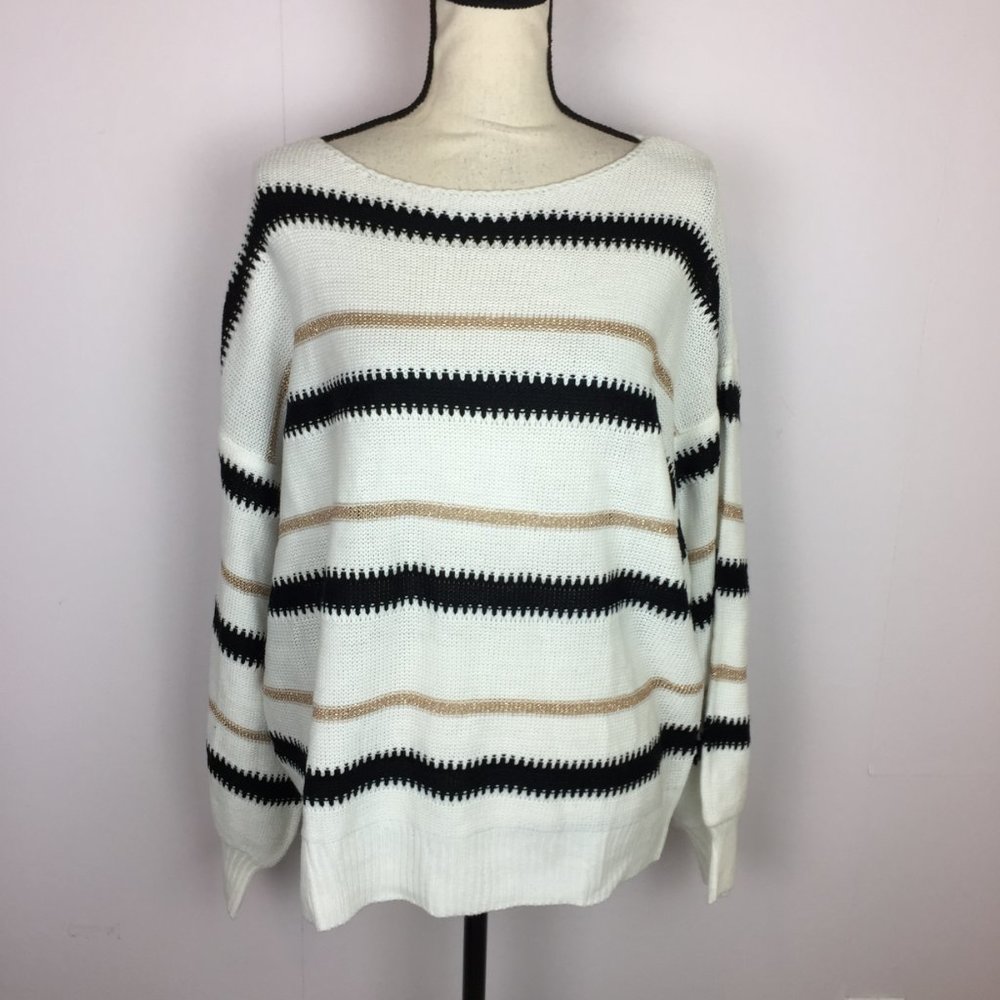 New! Pretty Garden Sweater XL Womans Black White Striped Boat Neck Long Sleeve